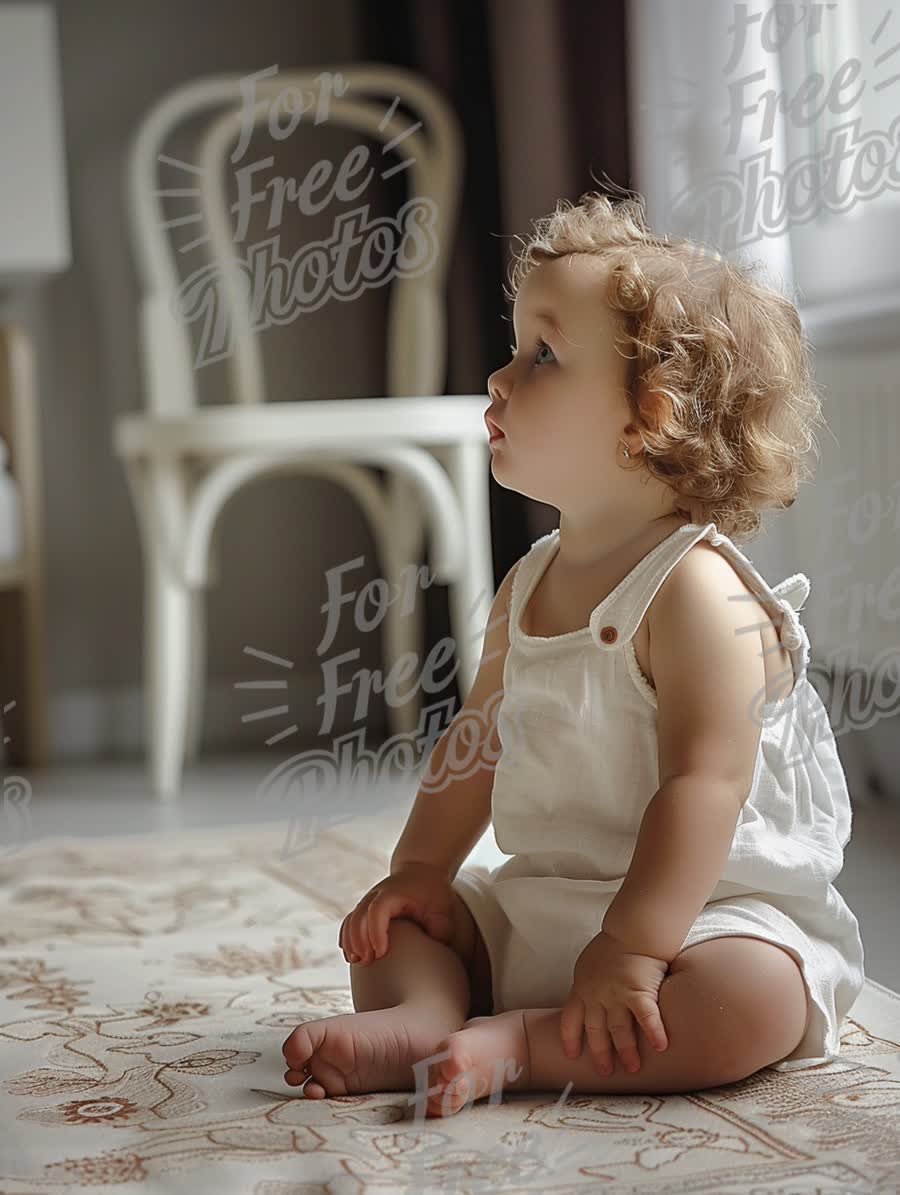 Adorable Baby Sitting on Rug in Bright Room - Childhood Innocence and Curiosity