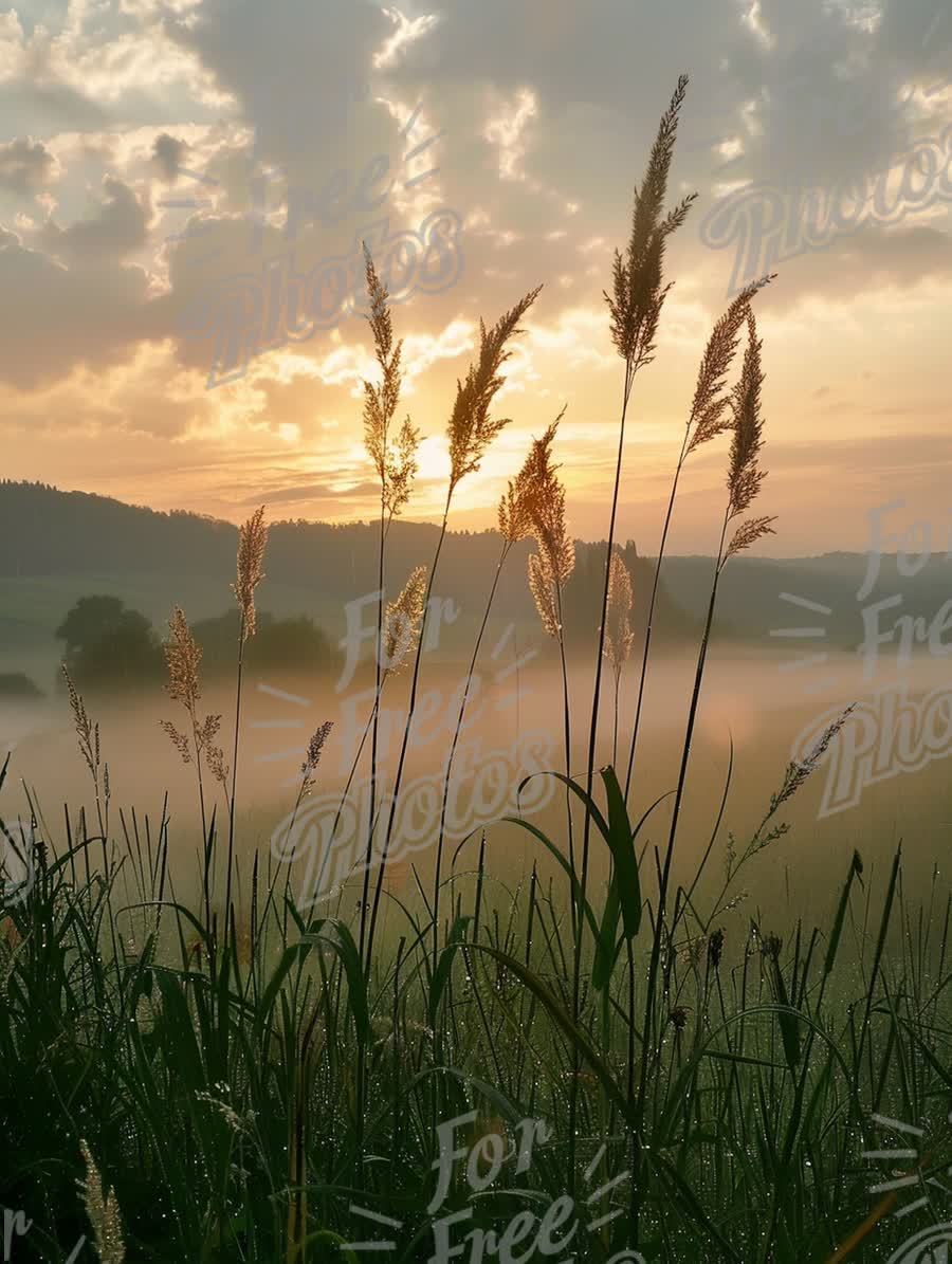 Serene Sunrise Over Misty Fields: Nature's Tranquil Landscape