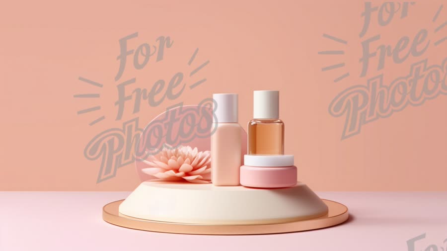 Elegant Skincare Display with Floral Accents on Soft Pink Background