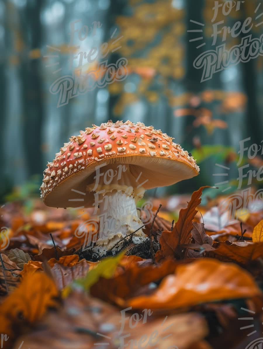 Enchanting Autumn Forest with Vibrant Red Mushroom and Fallen Leaves