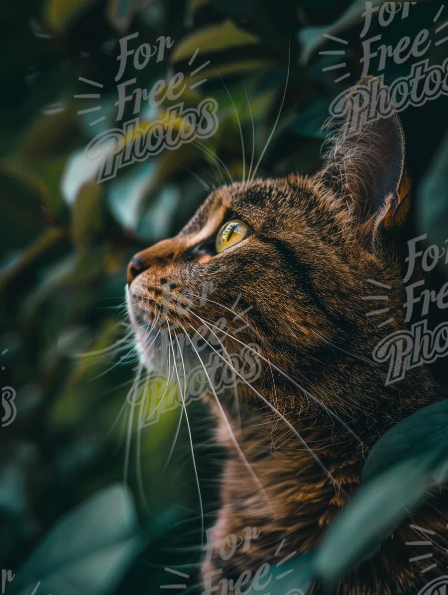 Curious Tabby Cat Gazing Among Greenery - Nature and Pet Photography