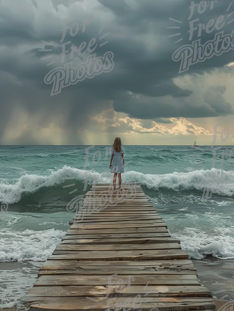 Child on Pier Overlooking Stormy Ocean Waves at Dusk