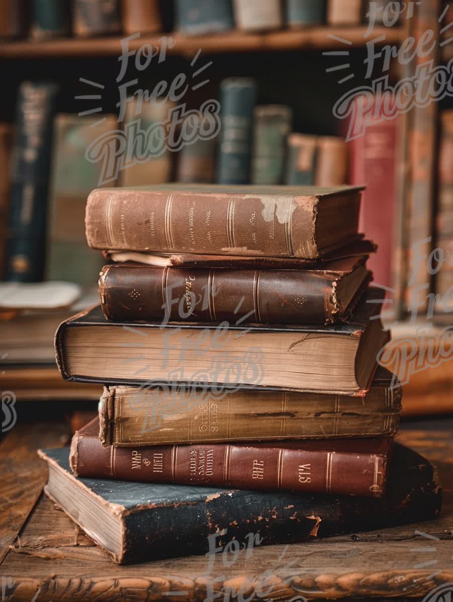 Vintage Books Stack on Rustic Wooden Table - Antique Literature and Nostalgic Reading