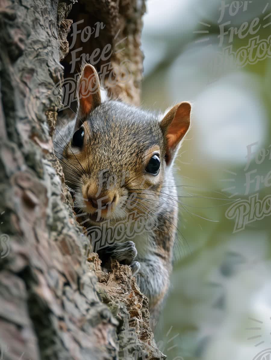 Curious Squirrel Peeking from Tree Bark - Nature Wildlife Photography