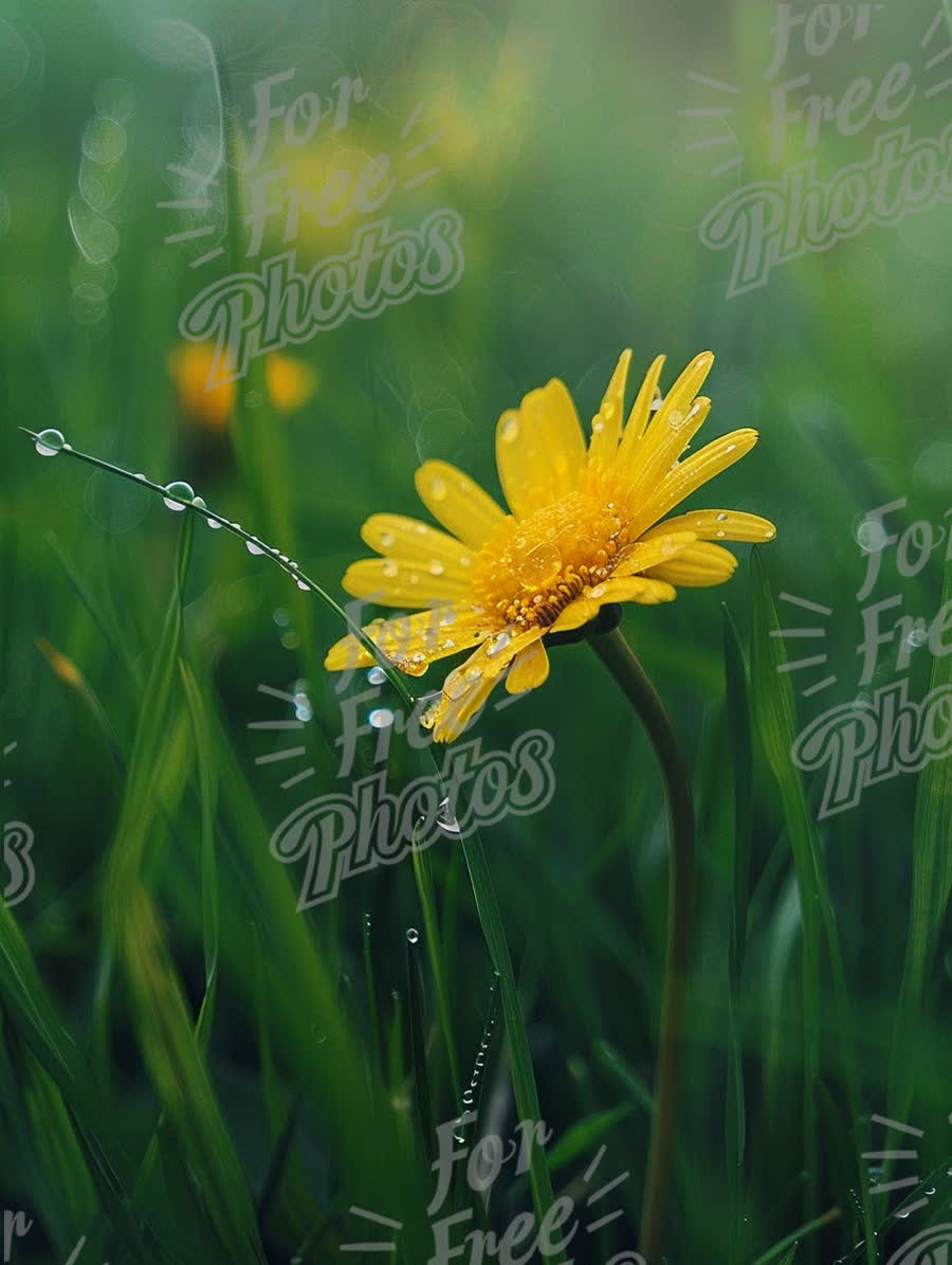 Vibrant Yellow Flower with Dew Drops in Lush Green Grass