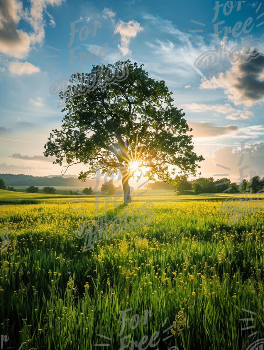 Majestic Tree Silhouette at Sunset in Lush Green Field