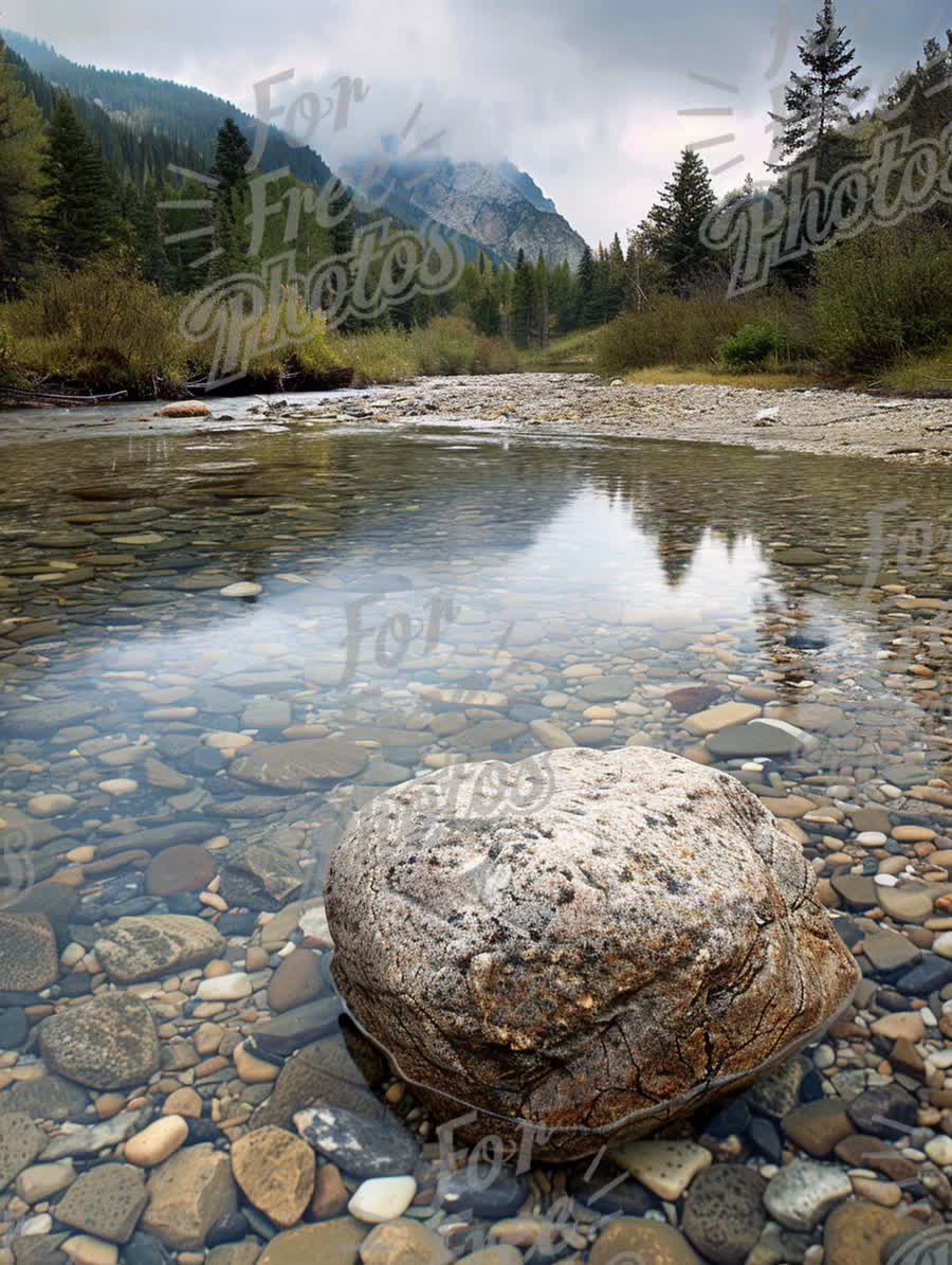 Tranquil Mountain Stream with Reflections and Scenic Landscape