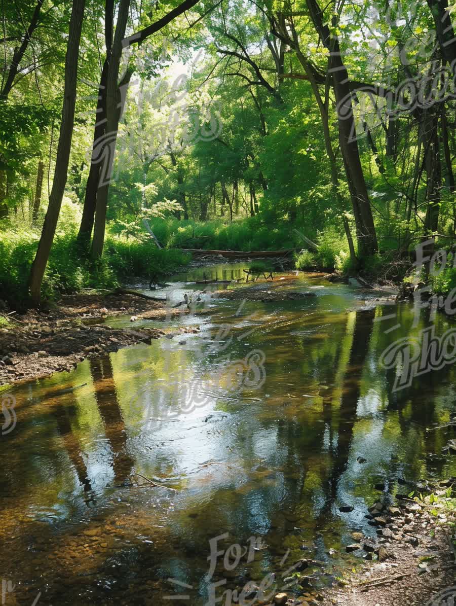 Tranquil Forest Stream: Serene Nature Reflection in Lush Greenery