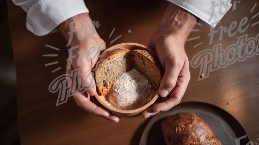 Artisan Bread Preparation: Hands Holding Freshly Baked Loaf with Flour in Bowl