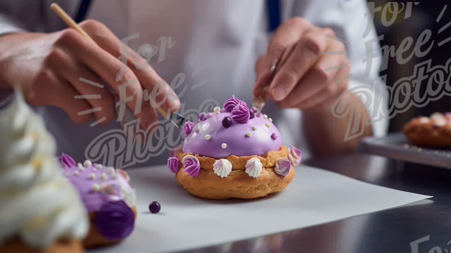 Artisan Pastry Chef Decorating Gourmet Desserts with Colorful Icing and Edible Decorations