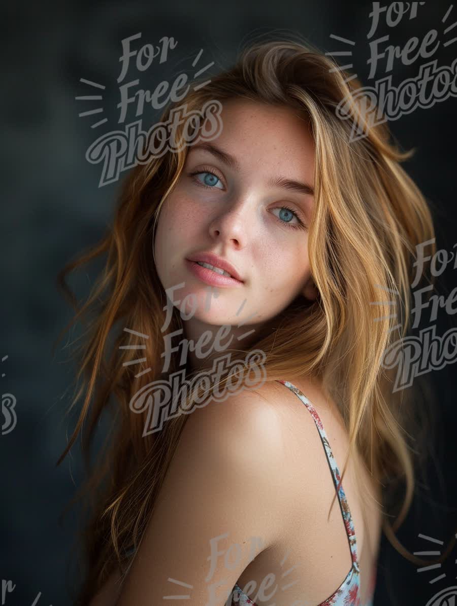 Natural Beauty Portrait of Young Woman with Flowing Hair and Striking Blue Eyes