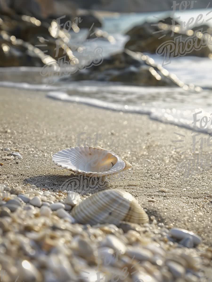 Serene Beach Scene with Seashells and Gentle Waves