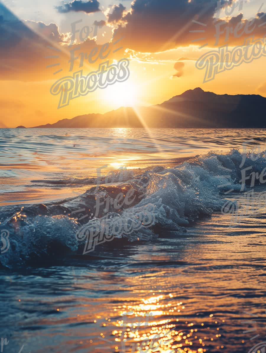 Stunning Sunset Over Tranquil Ocean Waves with Mountain Silhouette