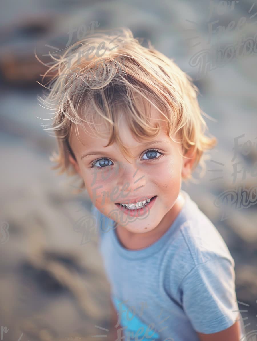 Joyful Child with Bright Blue Eyes Smiling on the Beach