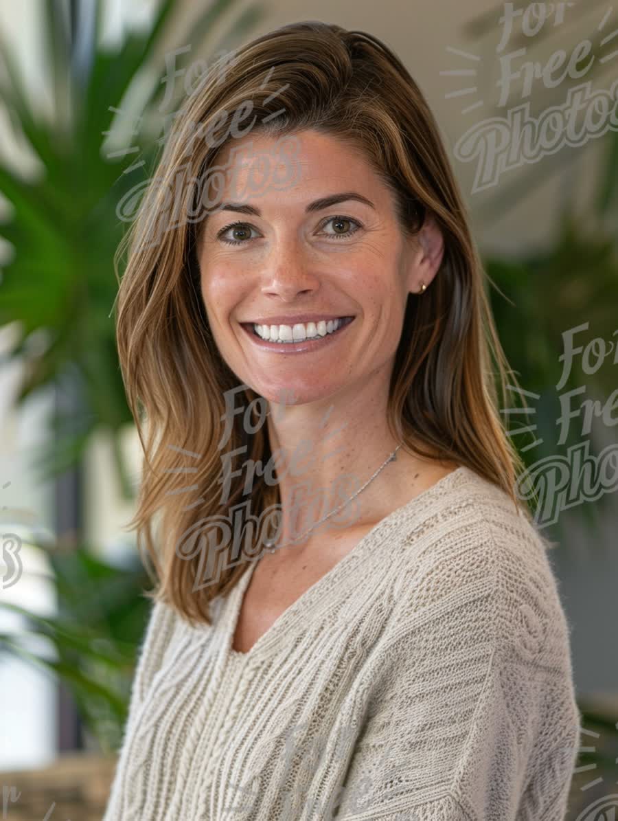 Smiling Woman in Cozy Sweater with Indoor Plants - Portrait of Confidence and Warmth