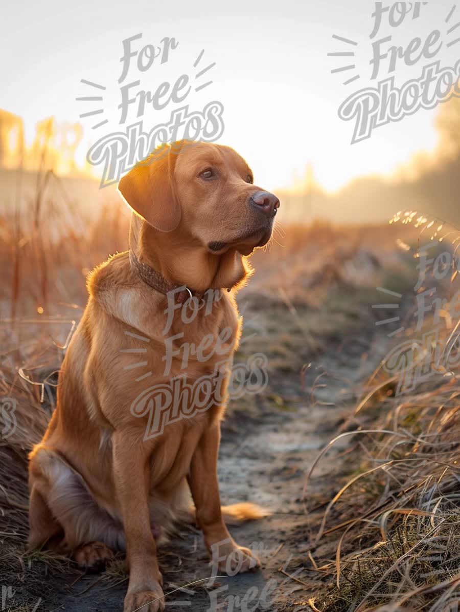 Golden Labrador Retriever at Sunrise in Serene Landscape