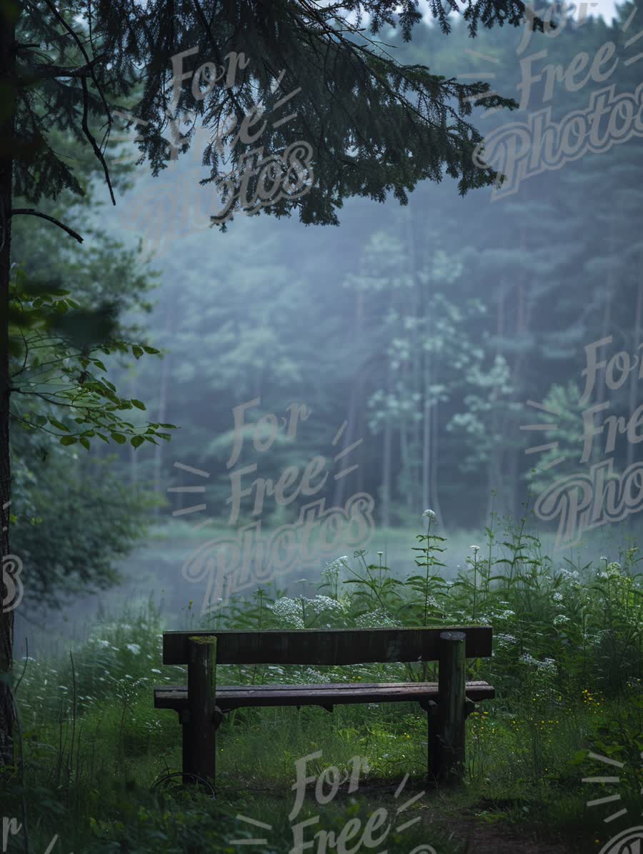 Tranquil Forest Bench in Misty Landscape: Serene Nature Retreat