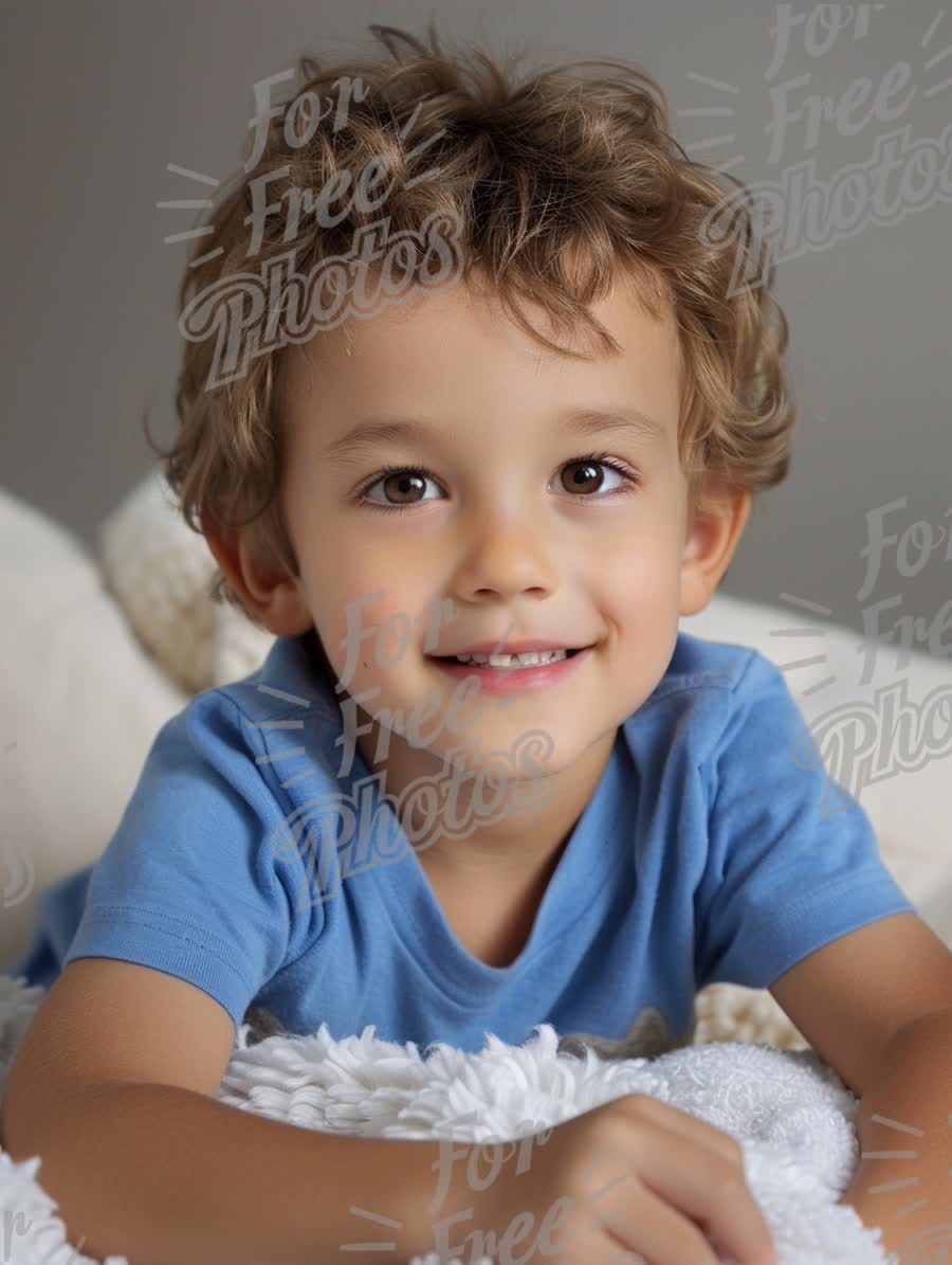 Cheerful Young Boy with Curly Hair Smiling at Camera in Cozy Indoor Setting