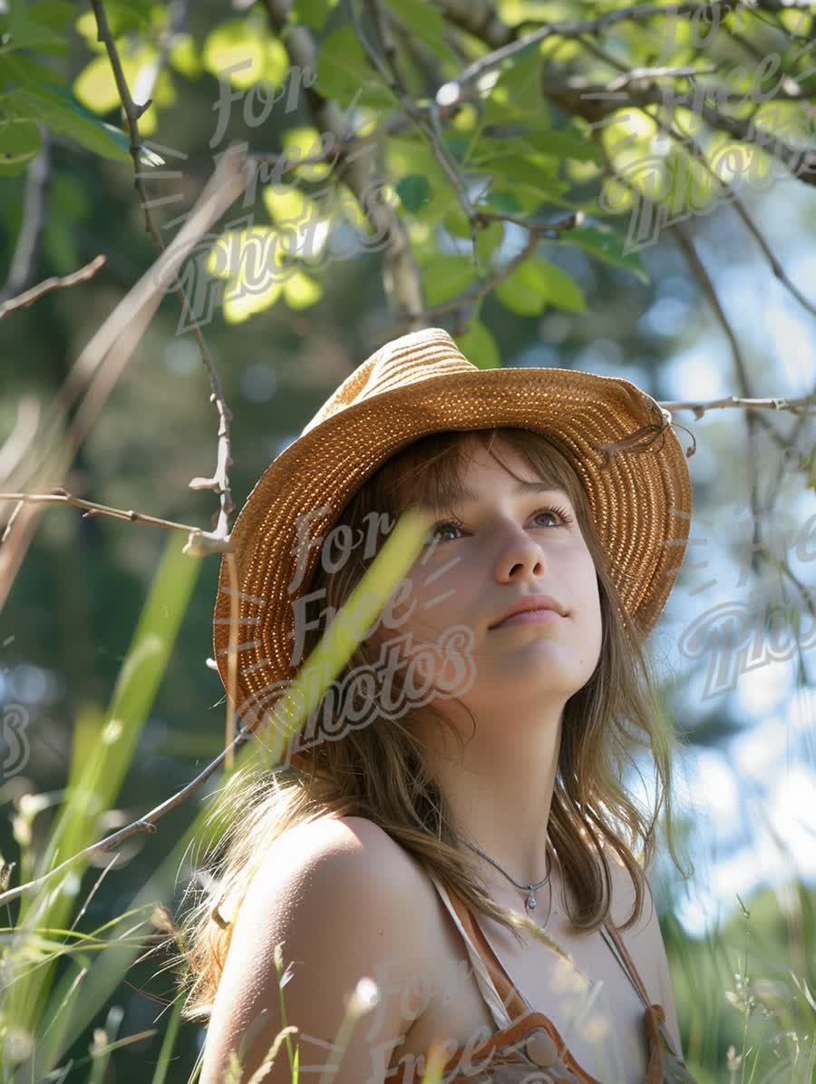 Serene Young Woman in Nature with Sun Hat and Soft Light