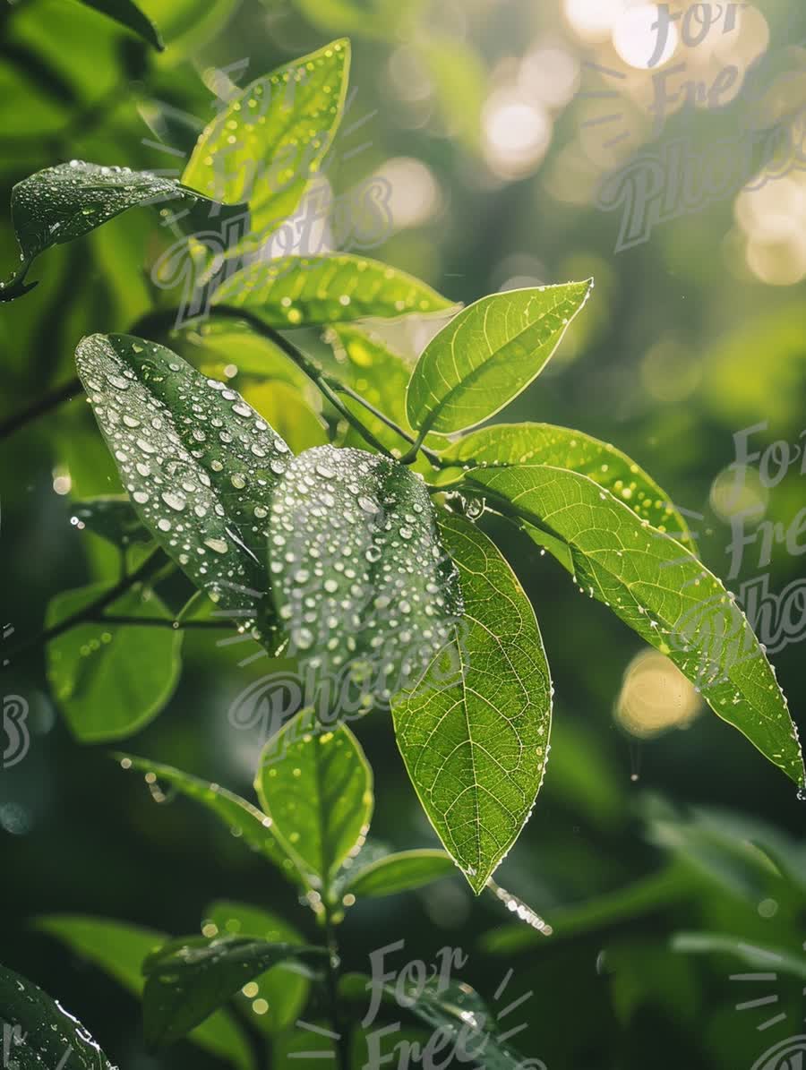 Fresh Green Leaves with Raindrops in Natural Light - Nature Close-Up