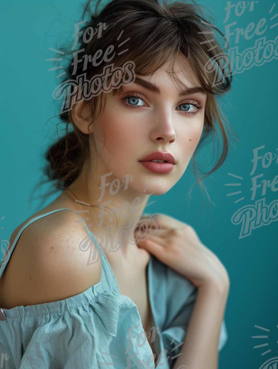 Stunning Portrait of a Young Woman with Natural Beauty Against a Turquoise Background