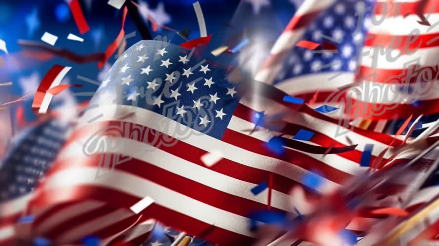 Celebratory American Flags with Confetti for Independence Day or National Events