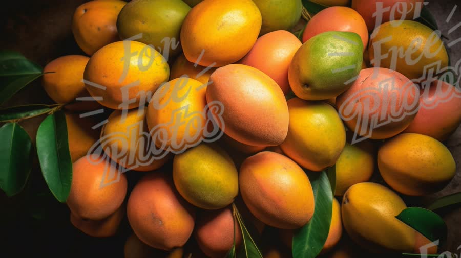 Fresh Ripe Mangoes with Green Leaves - Tropical Fruit Background