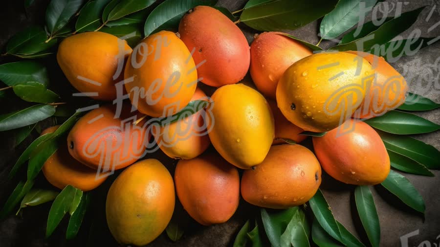 Fresh Ripe Mangoes with Green Leaves - Tropical Fruit Background