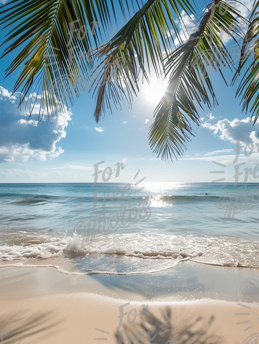 Tranquil Tropical Beach with Sunlight and Palm Leaves