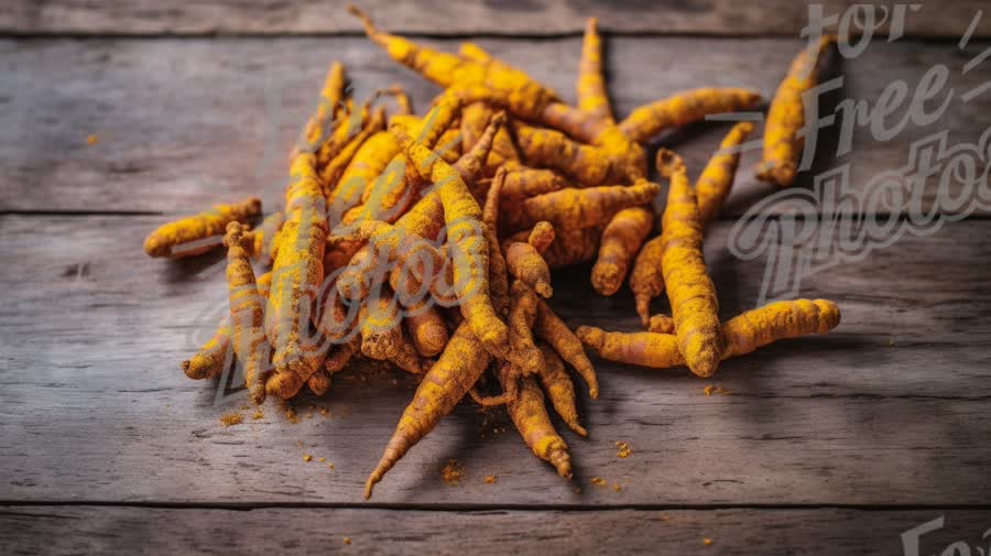 Fresh Turmeric Roots on Rustic Wooden Background - Natural Spices and Health Benefits