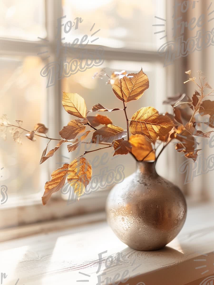 Autumn Elegance: Decorative Vase with Golden Leaves by Window