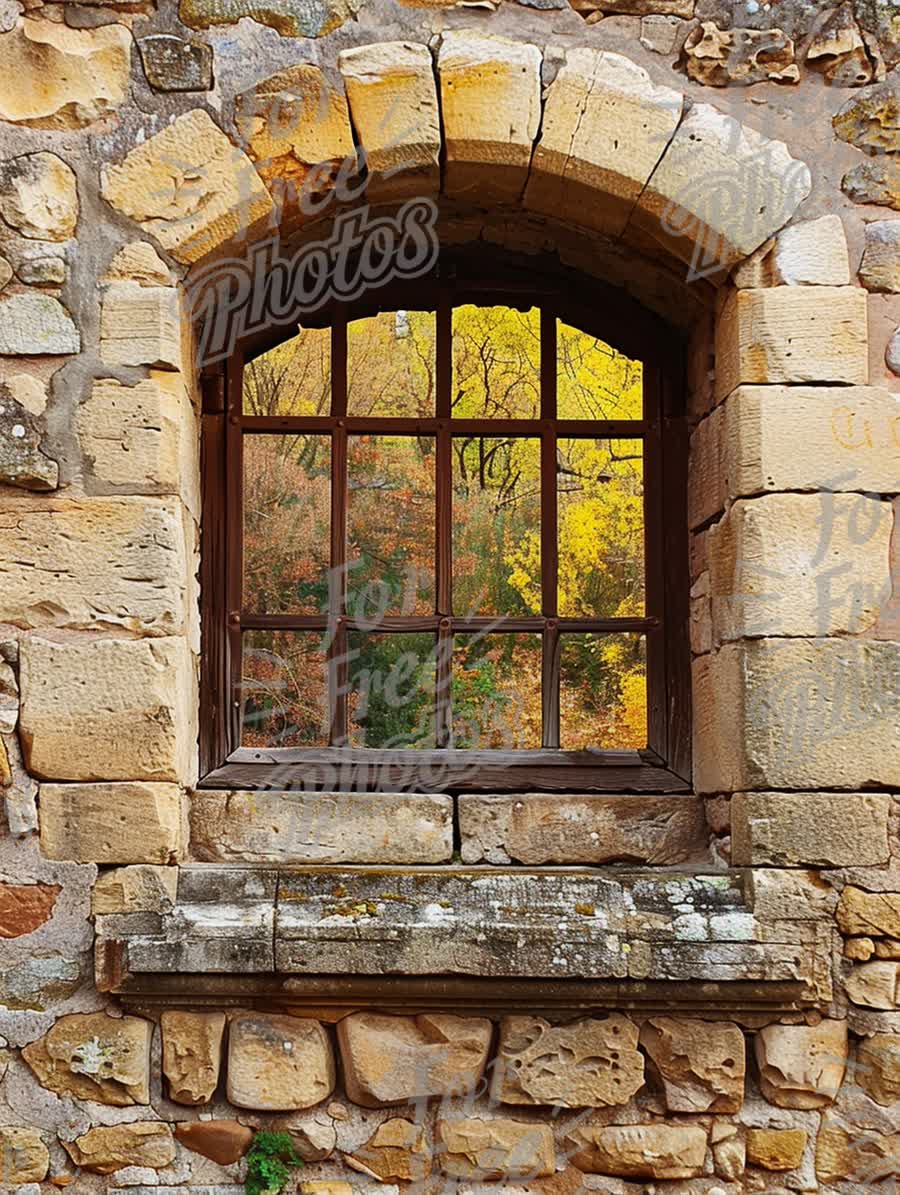 Charming Rustic Window with Autumn Reflection in Historic Stone Wall