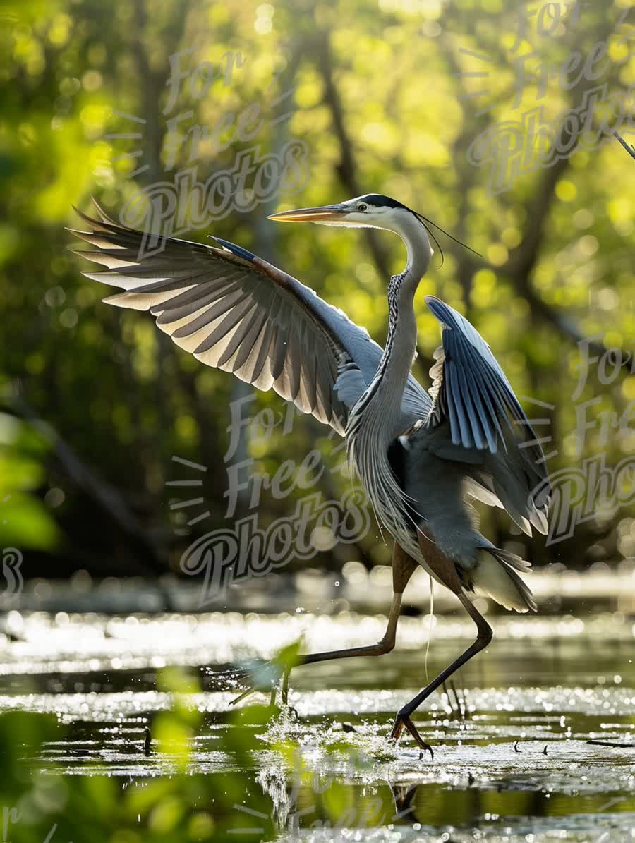 Majestic Great Blue Heron in Natural Habitat: Graceful Bird in Sunlit Wetlands