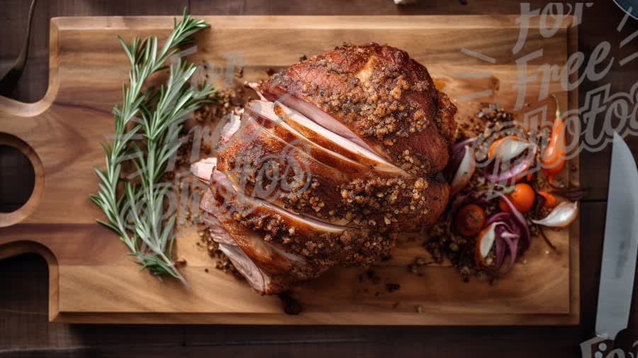 Deliciously Roasted Ham with Herbs and Vegetables on Wooden Cutting Board