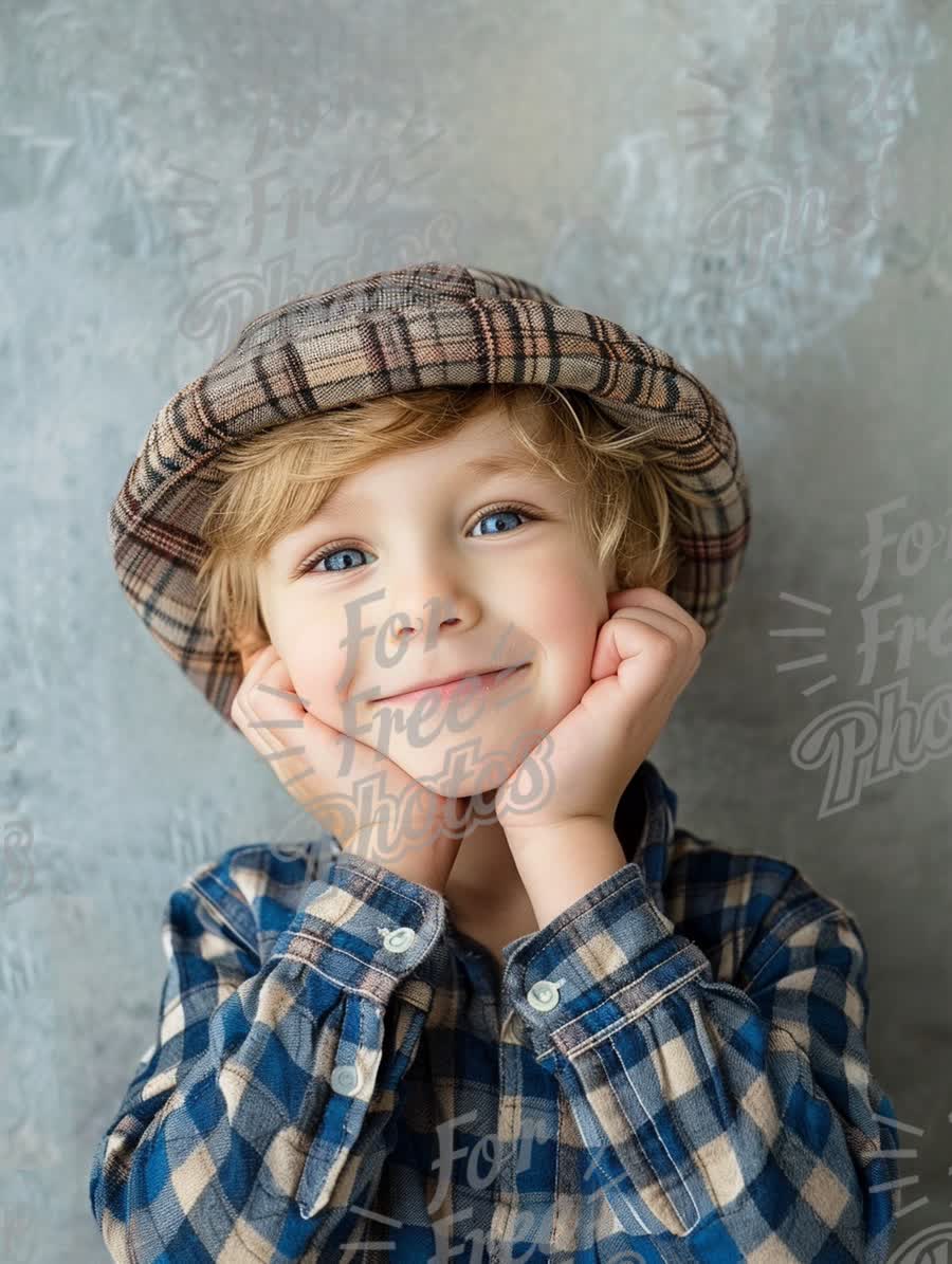 Charming Smiling Boy in Stylish Hat and Plaid Shirt Against Textured Background