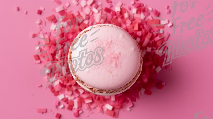 Delicious Pink Macaron Surrounded by Colorful Sprinkles on Pink Background