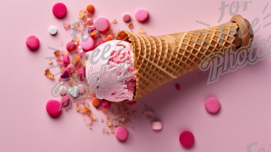 Delicious Pink Ice Cream Cone with Colorful Sprinkles on Pastel Background