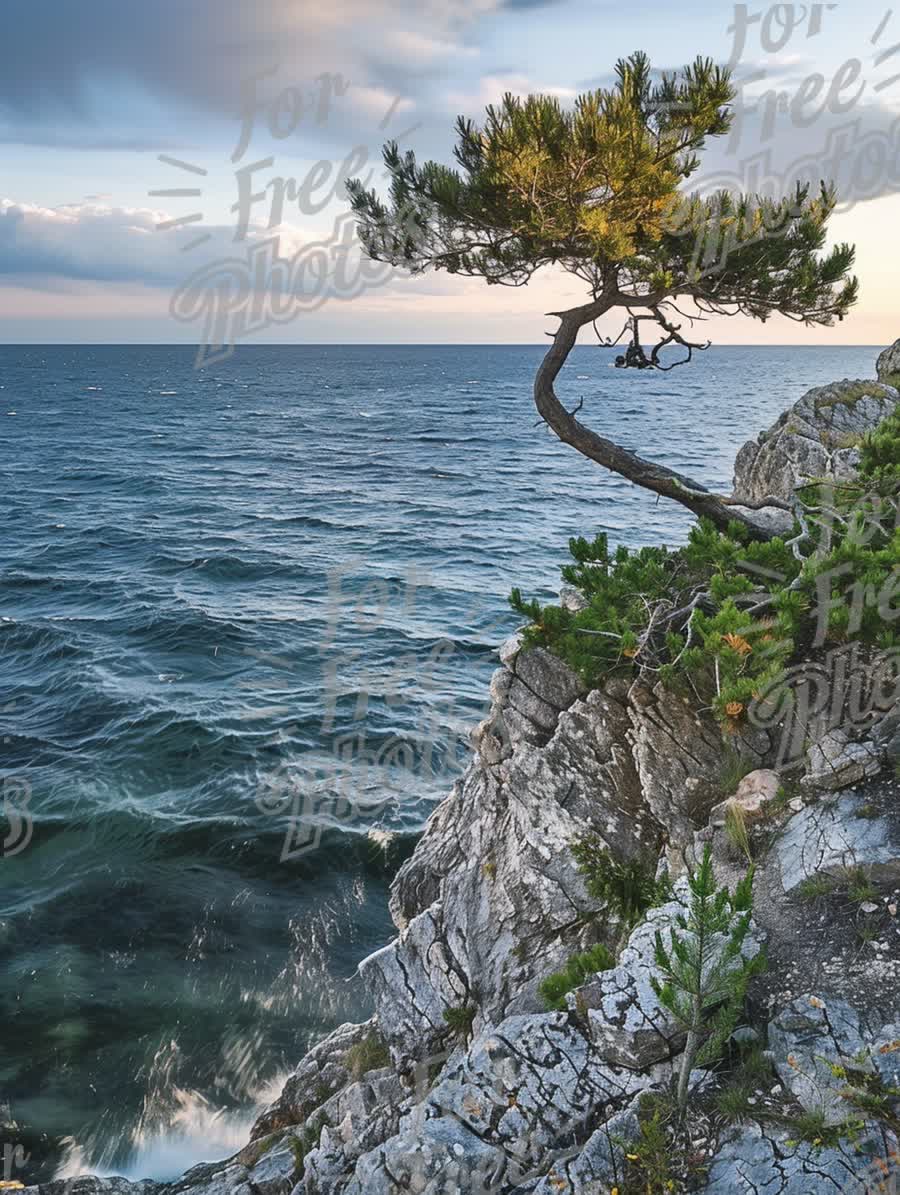 Lonely Pine Tree on Rocky Coastline at Sunset - Serene Ocean View