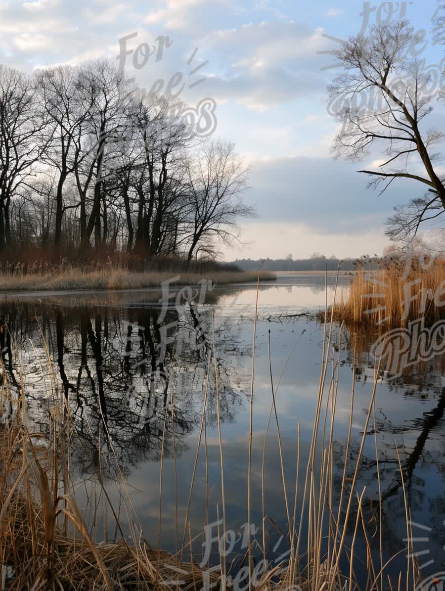 Tranquil Lakeside Reflection: Serene Nature Scene with Trees and Reeds