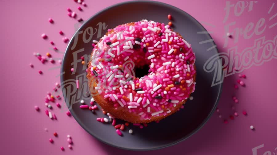 Delicious Pink Sprinkled Donut on Plate with Colorful Sprinkles