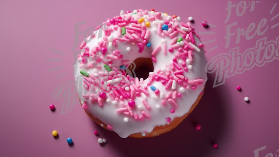 Delicious Pink Frosted Donut with Colorful Sprinkles on a Vibrant Background