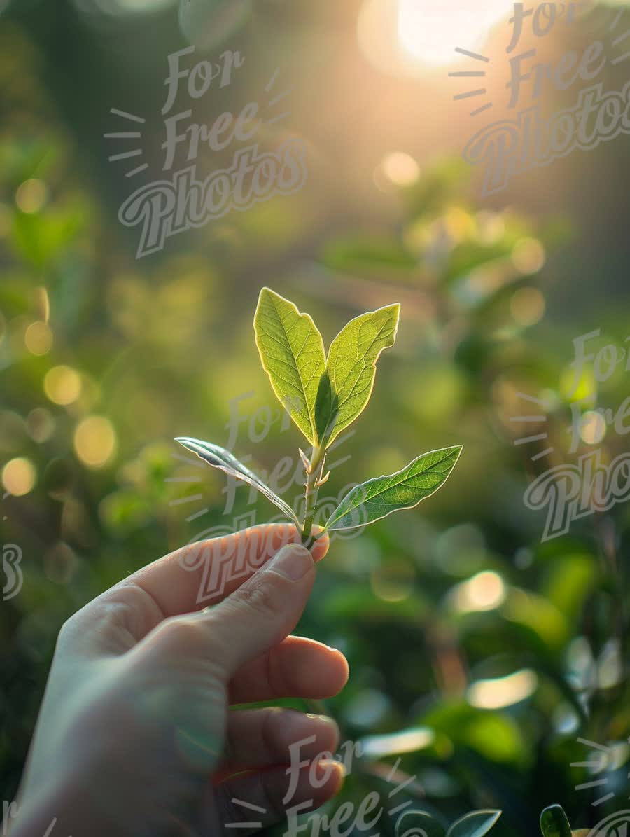 Fresh Green Leaves in Hand with Sunlight Glow - Nature and Sustainability Concept