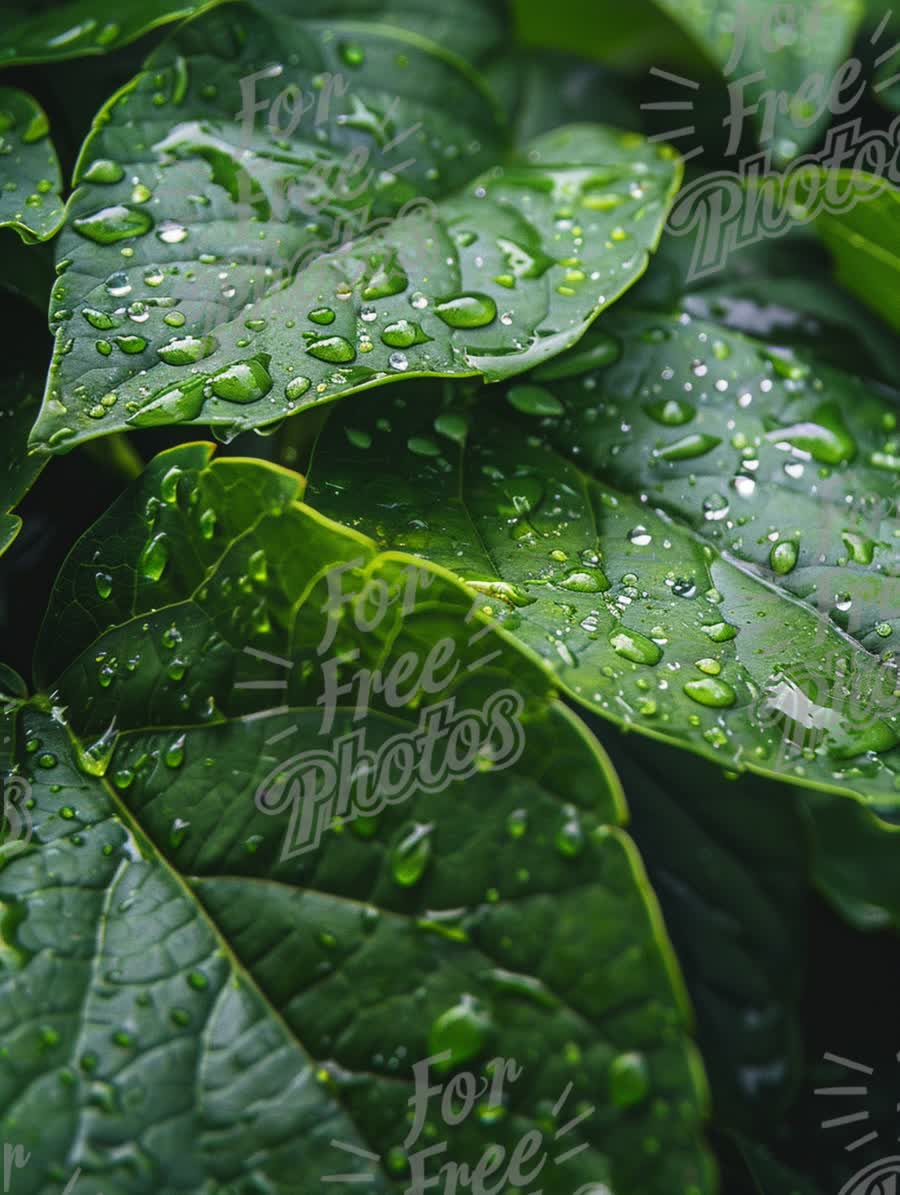 Fresh Green Leaves with Water Drops - Nature's Beauty and Refreshing Rain