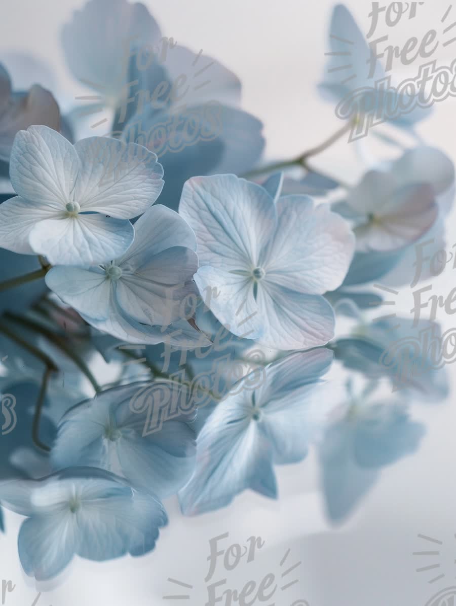 Delicate Blue Hydrangeas with Reflective Surface - Serene Floral Background