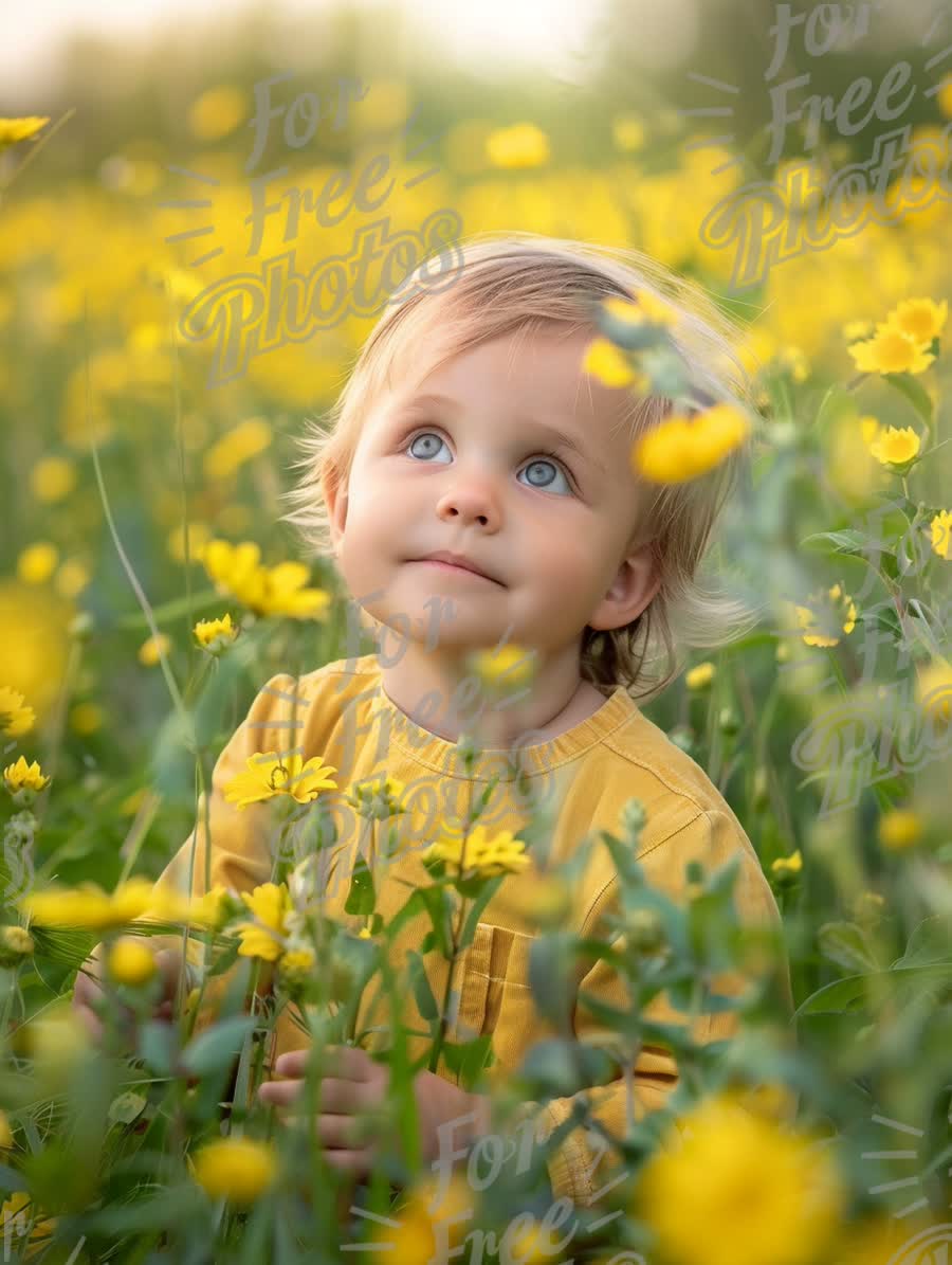 Joyful Child in Blooming Yellow Flower Field - Nature, Innocence, and Happiness