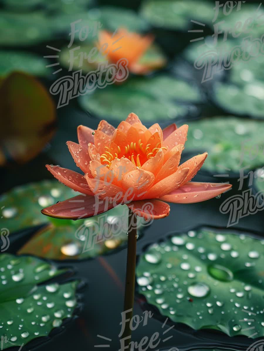 Serene Water Lily Blossom with Raindrops on Leaves in Tranquil Pond