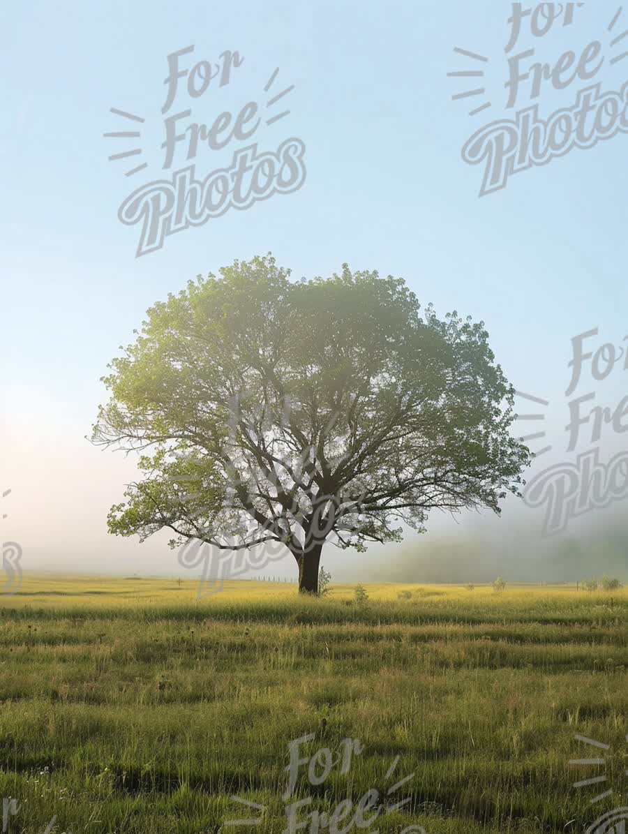 Serene Lone Tree in Misty Meadow at Sunrise