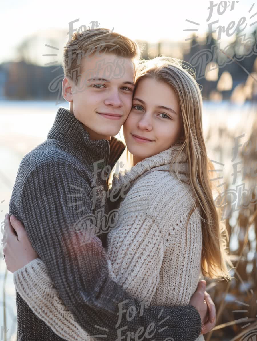 Romantic Winter Couple Embracing by the Lake