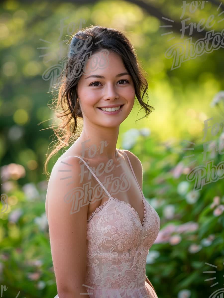 Radiant Young Woman in Elegant Dress Surrounded by Nature