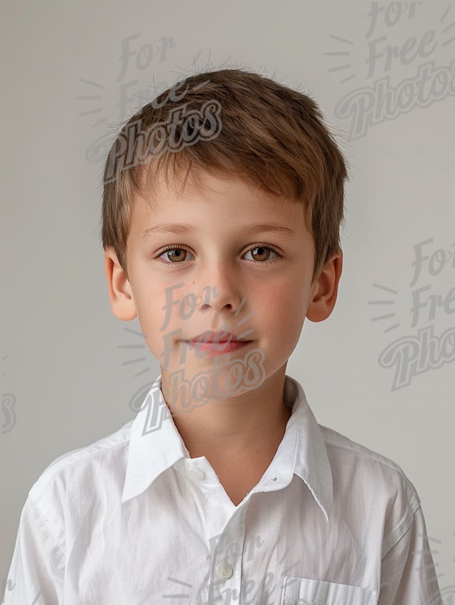 Portrait of a Young Boy in a White Shirt Against a Neutral Background